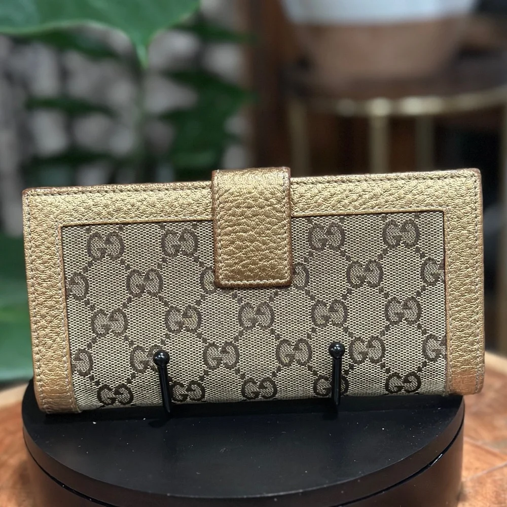 Gucci GG Canvas Metallic Gold Continental Wallet w/ Box and Unbranded Chain - Picture 4 of 12